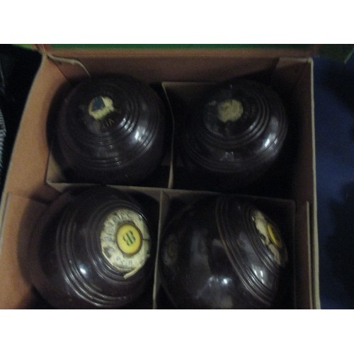 186 - 4 LAWN BOWLS + BAG OF BOWLS CLOTHING ETC