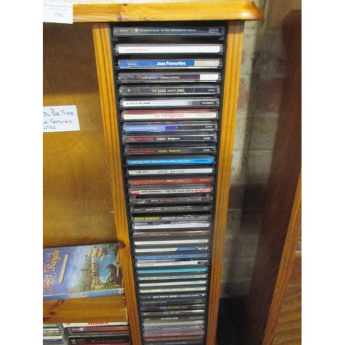 196 - WOOD CD HOLDER OVER 100CDS, ADJUSTABLE CENTRE SHELVES WITH CDS INC ROD STEWART, PHIL COLLINS, ERIC C... 