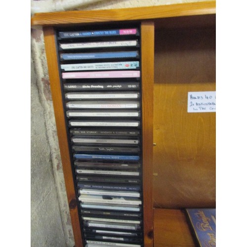 196 - WOOD CD HOLDER OVER 100CDS, ADJUSTABLE CENTRE SHELVES WITH CDS INC ROD STEWART, PHIL COLLINS, ERIC C... 