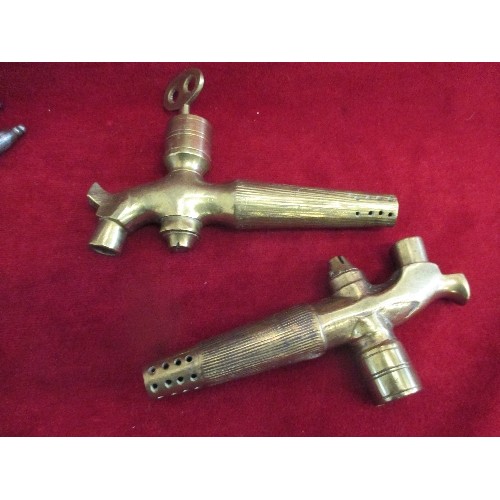 227 - PISTOL CIGARETTE LIGHTER, BRASS TAPS, LETTER RACK & NUT CRACKERS + 2 HIP FLASKS & A METAL NUTCRACKER