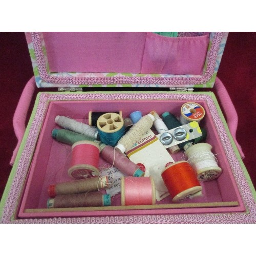 347 - HOUSE SHAPED SEWING BOX WITH CONTENTS OF COTTONS, WOOL ETC