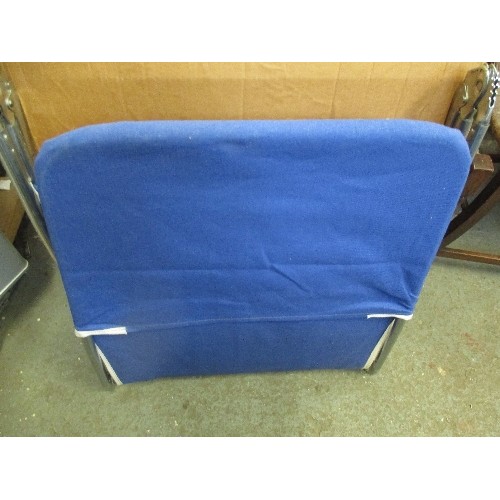 378 - BLUE CANVAS AND METAL FRAMED FOLD OUT SUN BED WITH BOX