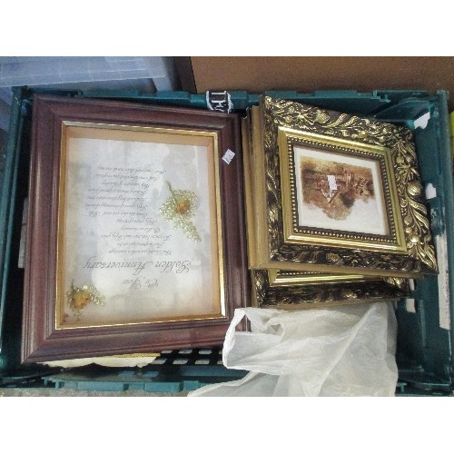 384 - CRATE OF PICTURE AND PHOTO FRAMES AND MIXED CUTLERY