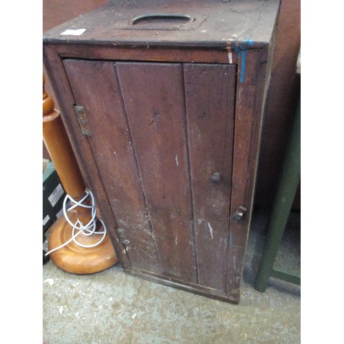 387 - VINTAGE WOOD AND METAL BOUND AMMO BOX CONVERTED TO A CUPBOARD