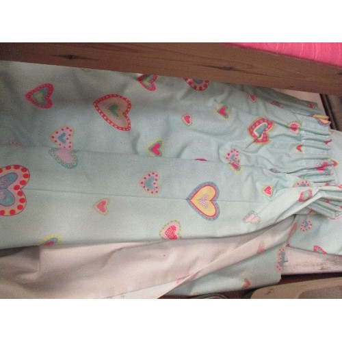 392 - BEDROOM CURTAINS (BLACKOUT LINED) , PALE BLUE WITH PINK HEARTS, TOGETHER WITH A HAND MADE PELMET & T... 