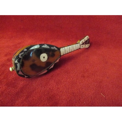 42 - EARLY 20TH CENTURY MINIATURE MANDOLIN INLAID WITH TORTOISESHELL AND MOTHER OF PEARL - 13CM