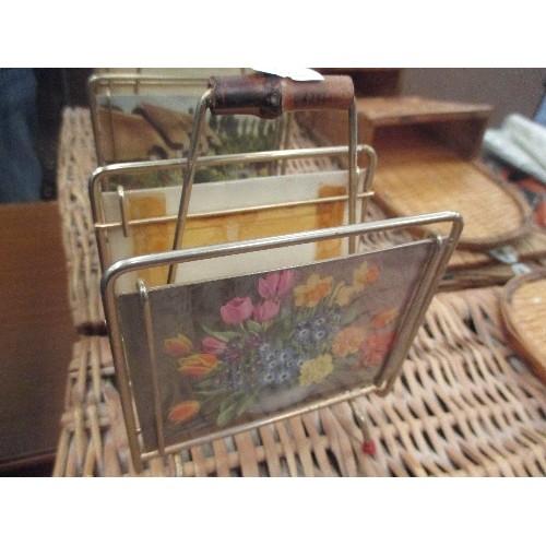 402 - WICKER PICNIC BASKET, MINIATURE MAGAZINE RACK AND LETTER RACK