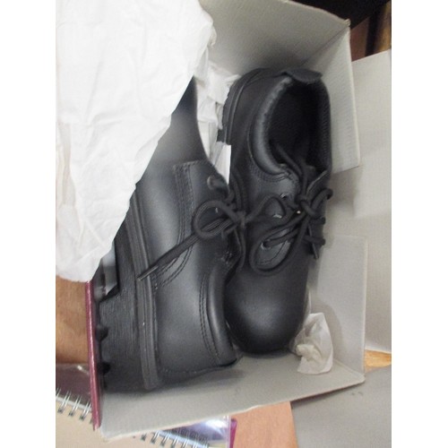 418 - 2 PAIRS OF TROJAN BLACK SAFETY SHOES - SIZE 7 BY ARCO - AS NEW IN BOXES AND A PAIR OF LADIES BLACK L... 