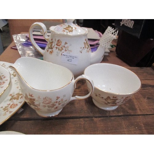 422 - COLCLOUGH TEA SET INCL TEAPOT, 5 X CUPS, SAUCERS, SIDE PLATES, CEREAL BOWLS ETC