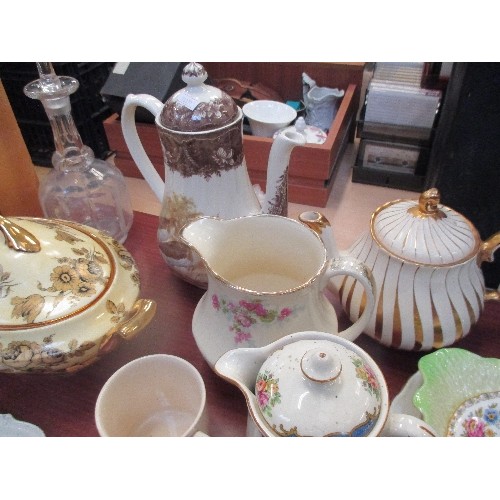 435 - QUANTITY OF VINTAGE CHINA AND GLASS INC CUT GLASS DECANTER, TUREENS, COMMEMORATIVE MUGS 1953 ETC