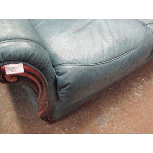 444 - 3 SEATER LEATHER SOFA WITH SHOW WOOD FRONT ARMS - IN TEAL COLOUR 192CM X 95CM X 95CM