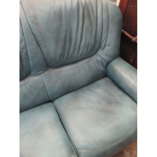 444 - 3 SEATER LEATHER SOFA WITH SHOW WOOD FRONT ARMS - IN TEAL COLOUR 192CM X 95CM X 95CM