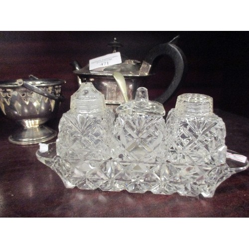 471 - 2 SILVER PLATED TEAPOTS A PLATED BASKET, A CUT GLASS BOAT CRUET AND A WOODEN CHESS SET