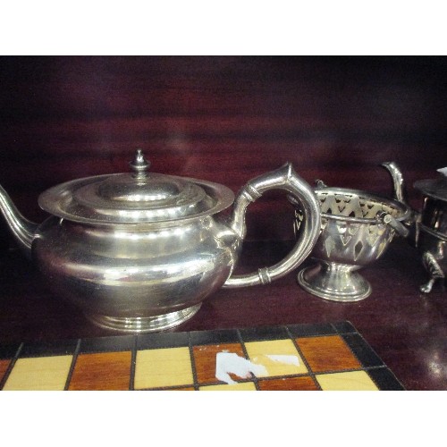 471 - 2 SILVER PLATED TEAPOTS A PLATED BASKET, A CUT GLASS BOAT CRUET AND A WOODEN CHESS SET