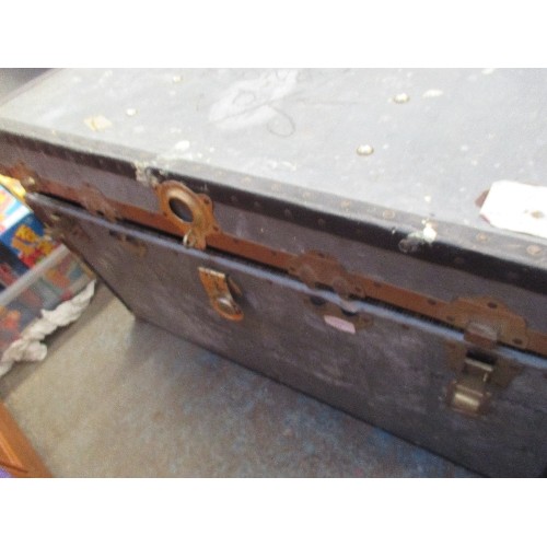 477 - LARGE METAL BOUND STEAMER TRUNK - 90CM X 50CM X 50CM