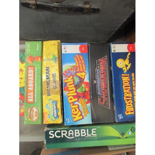 478 - BOX OF BOARD GAMES INCL SCRABBLE, KER PLUNK, REX, FRUSTRATION ETC