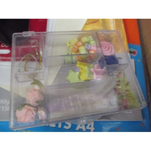 479 - LARGE BOX OF CRAFT AND STATIONERY ITEMS INC PEEL OFF STICKERS, CORRUGATED CARD, FABRIC FOR QUILTING ... 