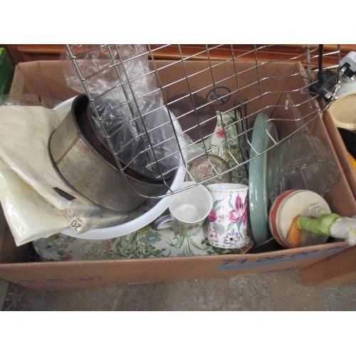 484 - 2 X BOXES OF MIXED KITCHENWARE, BREAD BOARD, TRAYS, CROCKERY, OVEN DISHES ETC