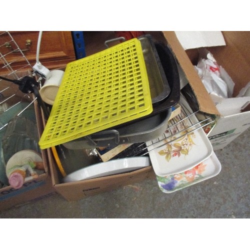 484 - 2 X BOXES OF MIXED KITCHENWARE, BREAD BOARD, TRAYS, CROCKERY, OVEN DISHES ETC