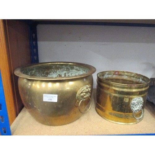 486 - 2 X VINTAGE BRASS PLANTERS WITH LION HEAD HANDLES