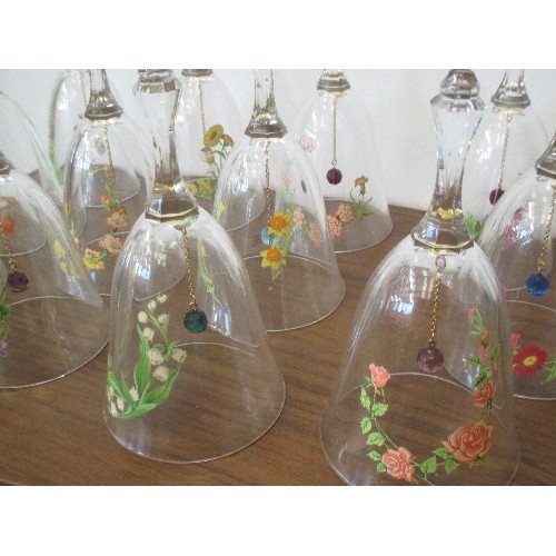 53 - COLLECTION OF 12 LEAD CRYSTAL BELLS ALL DECORATED WITH DIFFERENT FLOWERS - 16CM