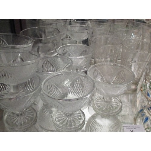 56 - SELECTION OF VINTAGE GLASS INCLUDING CUT GLASS FRUIT BOWL WITH PLATED RIM, 4 SUNDAE DISHES, SET OF 6... 