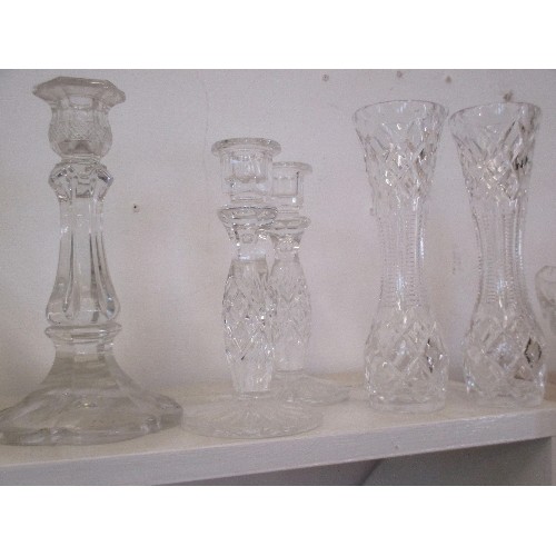 58 - SELECTION OF CUT GLASS INCLUDING A PAIR OF BASKETS - 20CM X 20CM, A PAIR OF VASES 20CM ETC