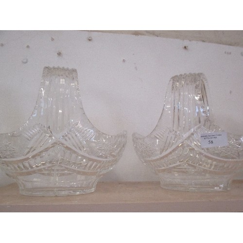 58 - SELECTION OF CUT GLASS INCLUDING A PAIR OF BASKETS - 20CM X 20CM, A PAIR OF VASES 20CM ETC