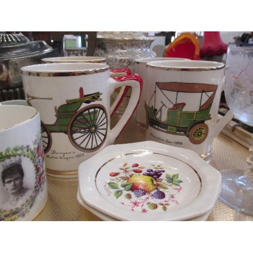 290A - MIXED LOT OF MOSTLY CHINA INC 4 VINTAGE CAR MUGS, 1911 CORONATION MUG, JOHNSON BROS CHINA, PLATED TE... 