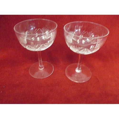 51 - 4 X CUT GLASS CHAMPAGNE COUPES AND 4 X ETCHED GLASS SPIRIT TUMBLERS