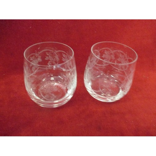 51 - 4 X CUT GLASS CHAMPAGNE COUPES AND 4 X ETCHED GLASS SPIRIT TUMBLERS