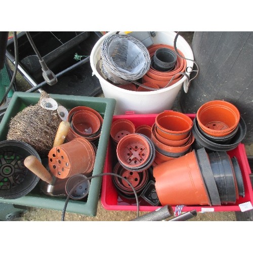 503 - 3 TUBS OF PLASTIC PLANT POTS, GARDEN TOOLS ETC