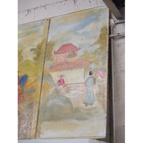 202 - VERY LARGE MID 20TH CENTURY ENGLISH NAIVE OIL PAINTING ON A WOODEN WALL PANEL OF A JAPANESE GARDEN W... 