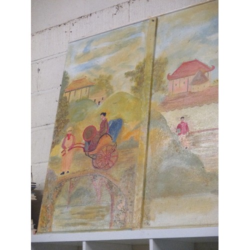 202 - VERY LARGE MID 20TH CENTURY ENGLISH NAIVE OIL PAINTING ON A WOODEN WALL PANEL OF A JAPANESE GARDEN W... 