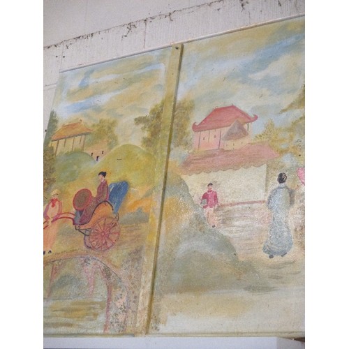 202 - VERY LARGE MID 20TH CENTURY ENGLISH NAIVE OIL PAINTING ON A WOODEN WALL PANEL OF A JAPANESE GARDEN W... 