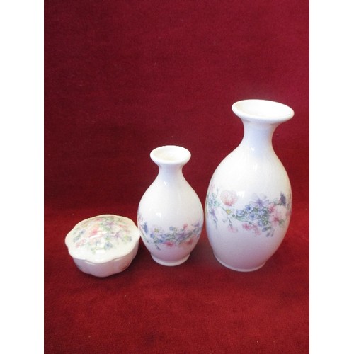 82 - 3 WEDGWOOD SMALL CHINA ITEMS, PLATED JUG & A GLASS VASE