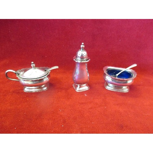 83 - SILVER PLATED CRUET SET WITH BLUE LINERS AND SPOONS