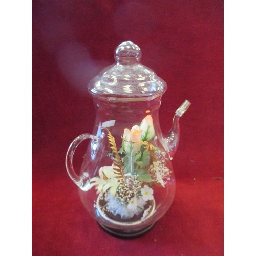 110 - GLASS KETTLE WITH FLORAL BUTTERFLY DISPLAY