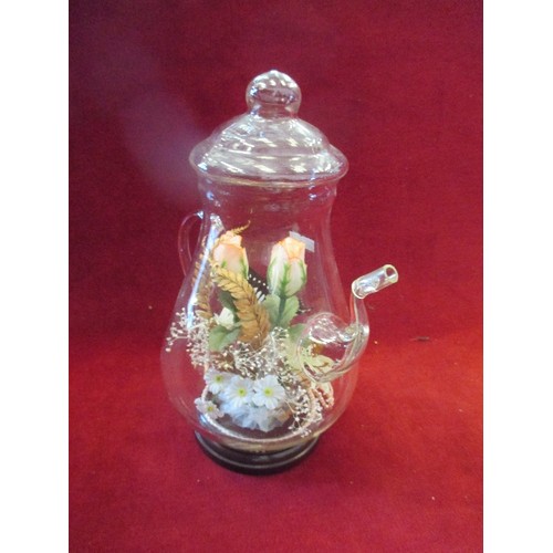 110 - GLASS KETTLE WITH FLORAL BUTTERFLY DISPLAY