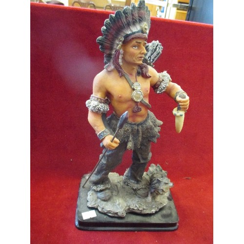 111 - RESIN INDIAN BRAVE WITH WOLF 33CM