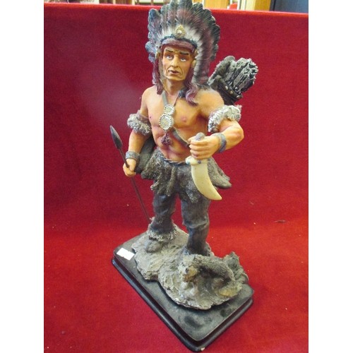 111 - RESIN INDIAN BRAVE WITH WOLF 33CM