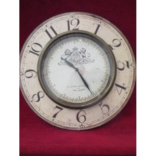 113 - CIRCULAR WALL MOUNTED CLOCK WITH BRASS RIM, BY APPOINTMENT TO THE QUEEN