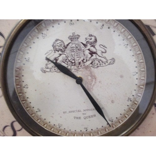 113 - CIRCULAR WALL MOUNTED CLOCK WITH BRASS RIM, BY APPOINTMENT TO THE QUEEN