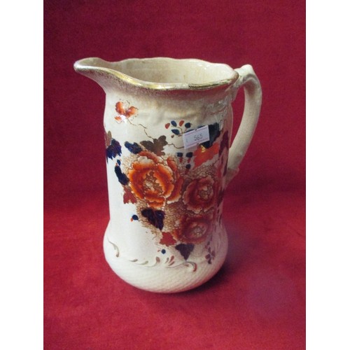 240 - OLD CRACKLE GLAZE JUG WITH HAND PAINTED FLOWER DESIGN IN BLUE, GILT & RED