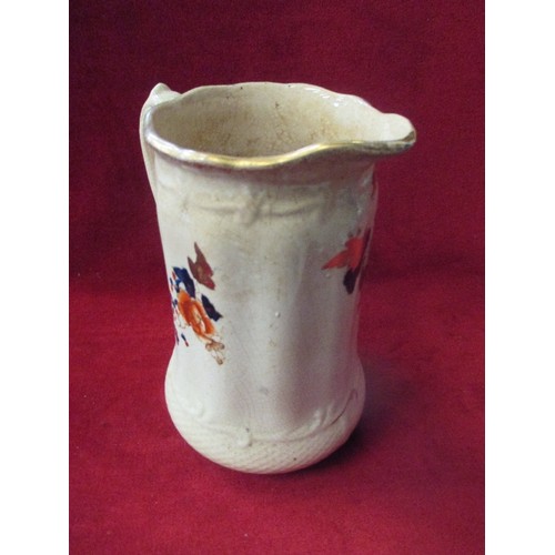 240 - OLD CRACKLE GLAZE JUG WITH HAND PAINTED FLOWER DESIGN IN BLUE, GILT & RED