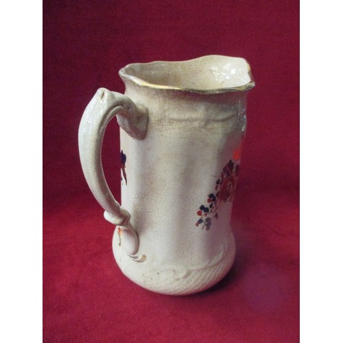 240 - OLD CRACKLE GLAZE JUG WITH HAND PAINTED FLOWER DESIGN IN BLUE, GILT & RED