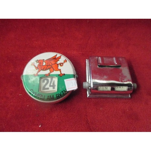 206 - 2 SMALL METAL CALENDARS, ONE WITH WELSH DRAGON