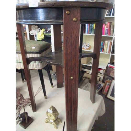 204 - VINTAGE OAK & EBONISED CIRCULAR TABLE WITH BRASS STUDS, METAL UNDERSHELF & FRAME