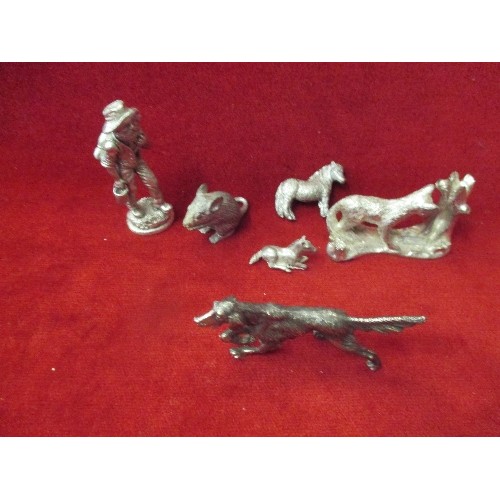 225 - 6 PEWTER FIGURES INCLUDING DOG, FOX, MOUSE, HORSES ETC