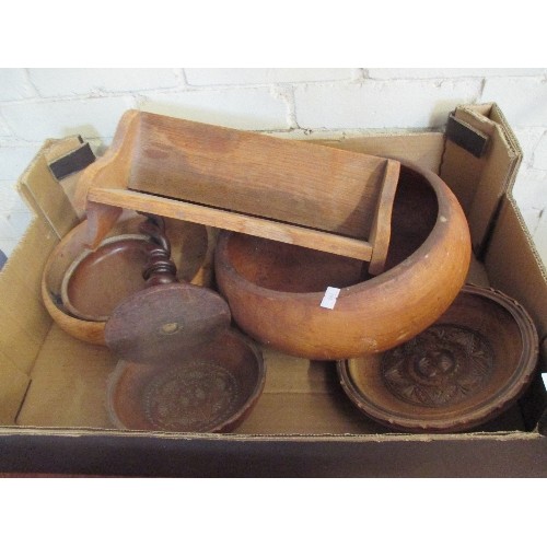 172 - WOODEN BOWLS, BOOKSHELF & CANDLESTICK